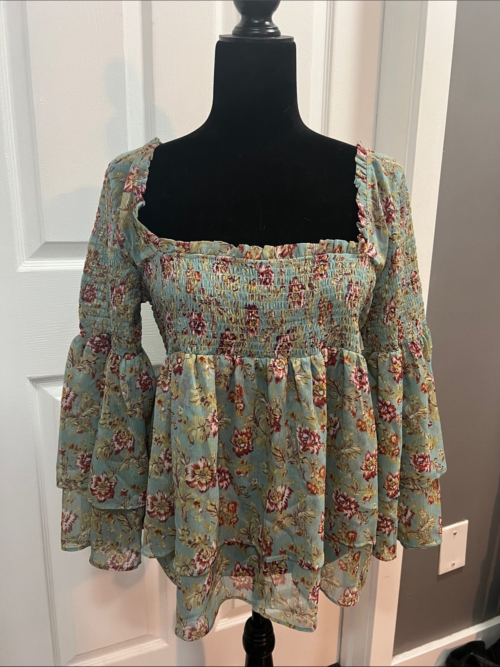 Free People Light Blue Floral Smocked Square-Neck Tunic